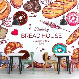 Watercolor Bakery Cafe Wallpaper, Colorful Kitchen Wall Mural, Breakfast Buffet Poster