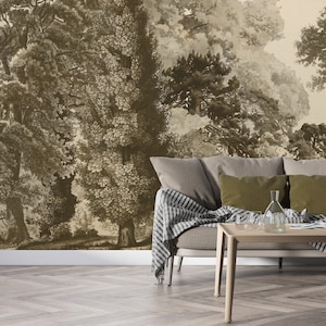 Vintage View Forest Trees Wallpaper, Trees Wall Mural, Vintage Forest Landscape Mural, Vintage Looking Wall Mural, Sophisticated Murals