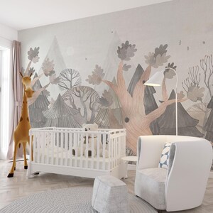 Carta da parati per bambini in stile nordico, stile europeo, murale con foresta e boschi, carta da parati con texture foresta color pastello acquerello