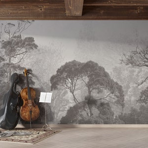 Black And White Colors Vintage Forest View Wall Murals Wallpaper, Removable or Regular Wallpaper, Trees Painting Scenic Peel Stick Mural