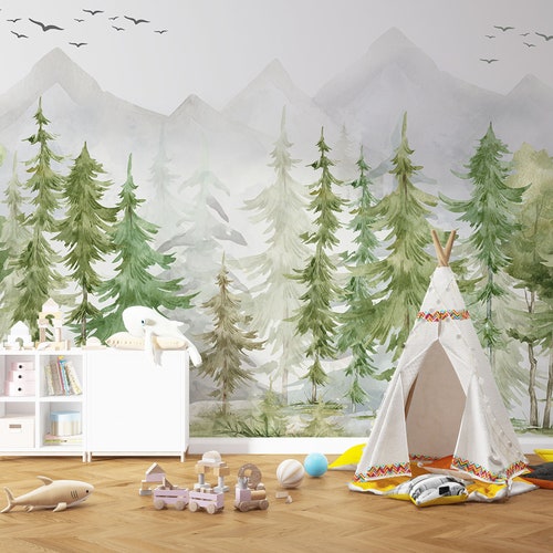 Watercolor Mountain Forest Wallpaper Peel and Stick Hand Drawn Etsy