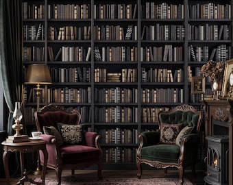 Dark Academia Bookshelf Wallpaper Vintage Library Wall Mural Peel and Stick
