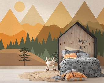 Boho Mountain Forest Nursery Wallpaper, Watercolor Sunset Mountains Peel and Stick Kids Wall Mural