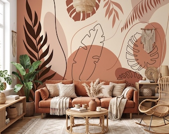 Mid Century Boho Mural, Terracotta Abstract Monstera Leaf Wallpaper, Peel and Stick Wall Decor