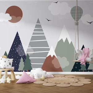 Boho Sonnenuntergang Berge Selbstklebende Kinderzimmer Tapete, Sonnenuntergang über den Bergen Kinderzimmer Wandbild, Heißluftballons Babyzimmer Wandbilder
