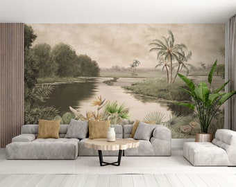 Anpassbare Vintage-Design-Tapete mit tropischer Landschaft, abnehmbares Wandbild mit Palmen, Waldtapete, Vintage-Wanddekoration