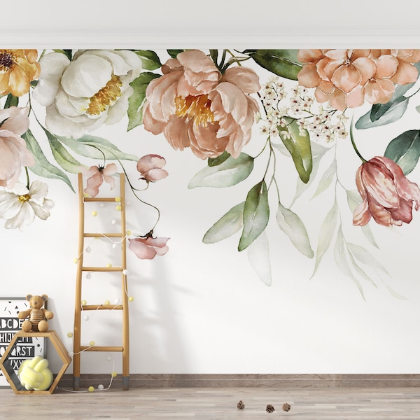Peony Peel and Stick Wallpaper - Big Florals Wall Decal, Watercolor Soft Floral Wallpaper, Peony Blossom Wall Mural Self Adhesive Paper