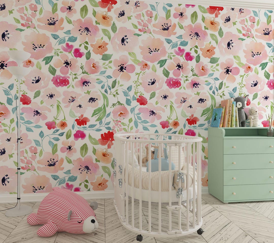Watercolor Peony Floral Wallpaper, Soft Pink Peach Nursery Wall Mural ...