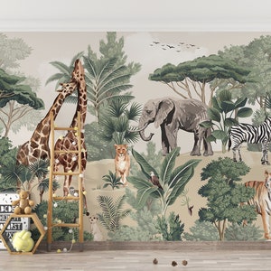 Nursery Jungle Animals, Africa Safari Animals Kids Wallpaper, Tropical Animals Nursery Mural, Giraffe Lion Elephant Zebra Child Room Murals