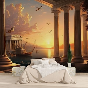Sunset Sea Landscape Picture Wall Mural, Historical Columns Wall Mural Beautiful Sunset Panorama, The Magic of History Mural