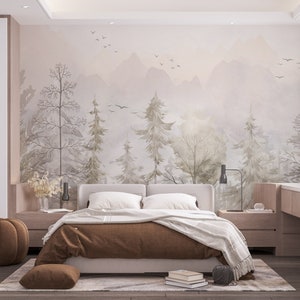 The Nordic Style Kids Wallpaper, European Style, Forest Woods Wall Mural, Peel And Stick Watercolor Pastel Color Forest Removable Wallpaper image 7