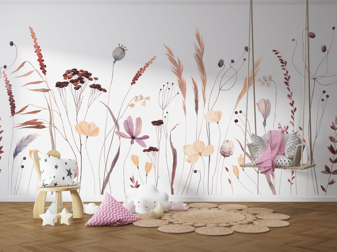 Watercolor Floral Nursery Wallpaper, Blush Botanical Wall Mural, Spring ...