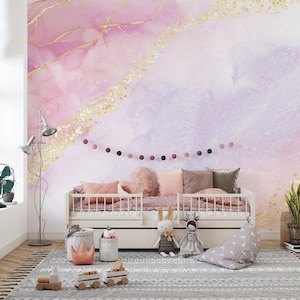 Papel pintado infantil en tonos pastel rosa, morado y dorado, mural abstracto para habitación de bebé, papel pintado autoadhesivo rosa y morado para habitación de niña, mural para habitación de bebé