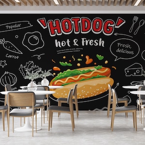 Papel tapiz de restaurante de comida rápida, pósteres de murales de pared de cafeterías de perritos calientes y papel tapiz autoadhesivo de tiendas de comida rápida para cocina.