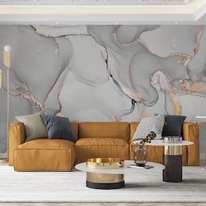 Marble Abstract Wallpaper, Modern Art Bathroom Wallpaper, Gray Gold Marble Wallpaper, Fluid Art Wall Mural, Alcohol Ink Mural Wall Covering