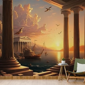 Immagine murale di paesaggio al tramonto, murale di colonne storiche, splendido panorama al tramonto, murale di mitologia storica, murale di tramonto