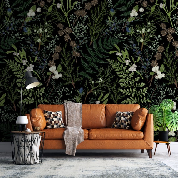 Vintage Dark Botanical Wallpaper, Removable Self Adhesive