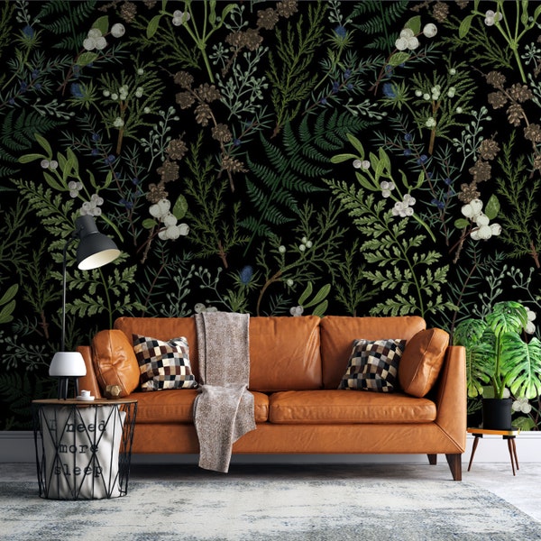 Vintage Dark Botanical Wallpaper, abnehmbare selbstklebende Tapete. Botanische Tapete, abnehmbare und Renter-freundliche Wanddekore