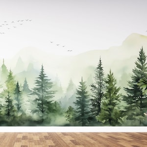 Forest Peel And Stick Wall Mural, Self Adhesive Trees Nursery Wallpaper, Child Room Watercolor Forest Murals, Mountains Kids Room Wallpaper