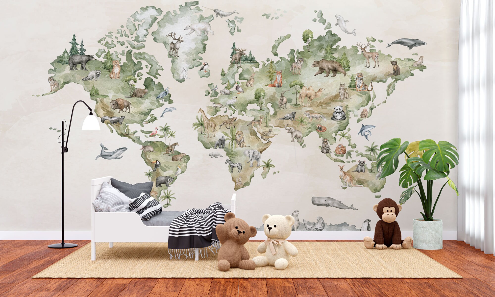 Watercolor Animal World Map Kids Room Wallpaper – Educational School ...