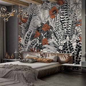 Gothic Stunning Black White Design Wallpaper, Black And White Brown Tones Botanical Wallpaper, Removable And Renter Friendly Leaves Murals