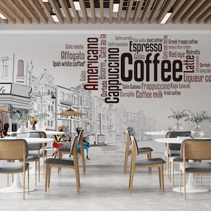 Custom Size Sketch Design Cafe Coffee Shop Wall Mural, Time for Coffee Wallpaper, Excellent Coffee Wallpaper, Removable Cafe Wall Posters