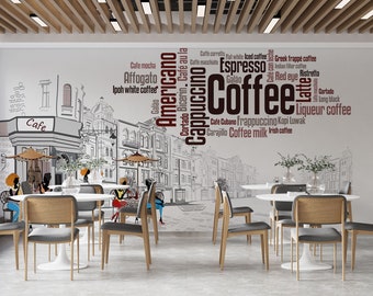 Custom Size Sketch Design Cafe Coffee Shop Wall Mural, Time for Coffee Wallpaper, Excellent Coffee Wallpaper, Removable Cafe Wall Posters