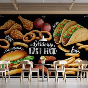 Pósteres de tacos, nachos y hamburguesas, mural de pared autoadhesivo de comida rápida, mural personalizable de comida mexicana para restaurante o cafetería.