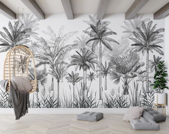 Customizable Modern Tropical Wallpaper, Sketch Palm Tree Forest Mural, White Black Tropical Wall Mural, Tropical Forest Landscape Wall Mural