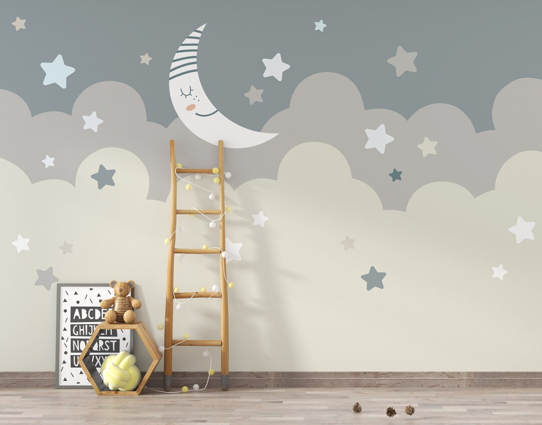 Pastel Sky Nursery Wallpaper Mural, Moon Stars Clouds, Peel and Stick ...
