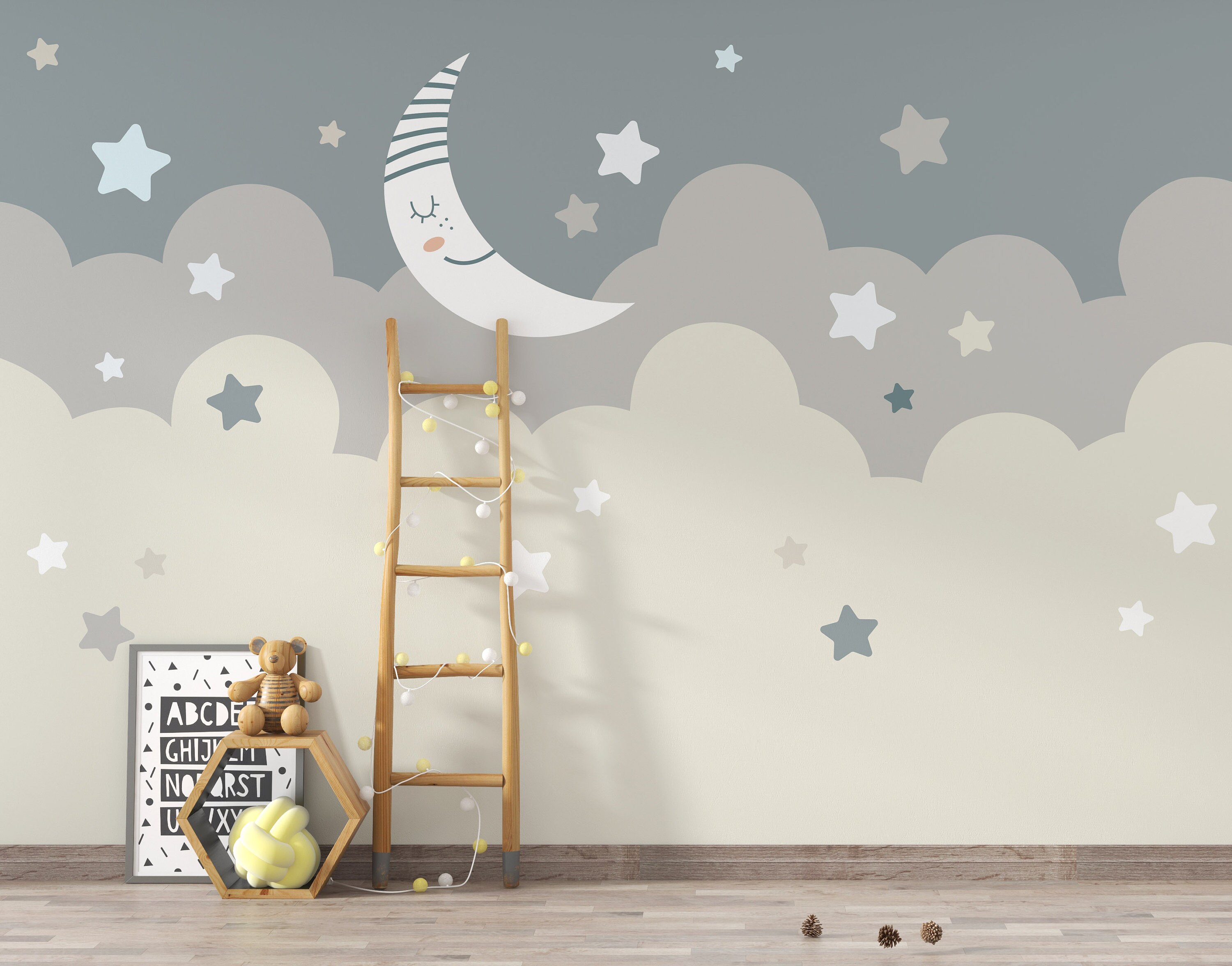Pastel Sky Nursery Wallpaper Mural, Moon Stars Clouds, Peel and Stick ...