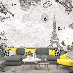 Mural de pared de diseño blanco y negro / Papel tapiz de mapa del mundo de diseño elegante popular / Papel tapiz arquitectónico de diseño retro Peel and Stick
