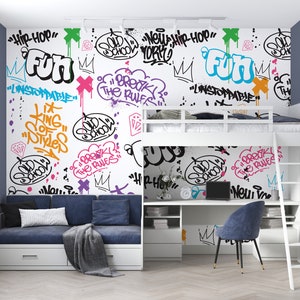 Murales con graffiti per la stanza dei ragazzi, poster da parete con graffiti per la stanza dei bambini su misura, carta da parati con graffiti colorati per adolescenti, design per pareti in mattoni