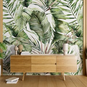 Modern Custom Sizes Green Color Banana Leaf Textured Wall Mural, Tropical Leaves Wallpaper, Watercolor Banana Tree Peel And Stick Wall Mural