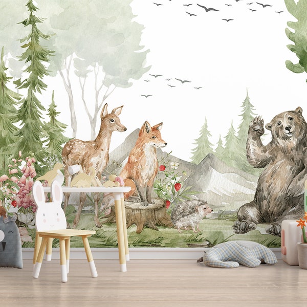Watercolor Forest Life Kids Wallpaper, Cute Bear Fox Deer Animal Nursery Wall Mural, Child Room Forest Peel And Stick, Mountain Forest Mural