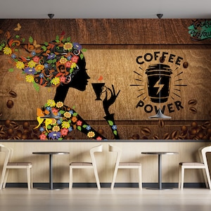Holzoptik Coffee Shop Tapete, Cafe Shop Wandposter, Cafe Restaurant Tapete, Vintage-Stil Benutzerdefinierte Größe Braune Farben Cafe Wandbilder
