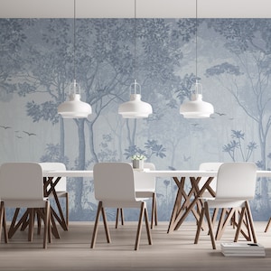 Blue Trees Painting Wall Mural, Removable or Regular Wallpaper, Vintage Landscape Painting, Wall decor, Scenic Peel & Stick Textured Murals