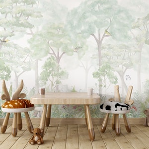 Carta da parati adesiva per bambini con foresta di alberi ad acquerello, decorazione autoadesiva per cameretta dei bambini, murale con tema bosco, murale con alberi per cameretta dei bambini di dimensioni personalizzate