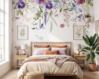 Watercolor Floral Wallpaper Purple Botanical Wall Mural Peel Stick Floral Decor