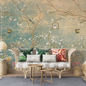 Vintage View Floral Wallpaper, Asian Art Flowers Elegant Peel And Stick Mural, Living Room Easy Removable Wall Mural, Asian Floral Wallpaper