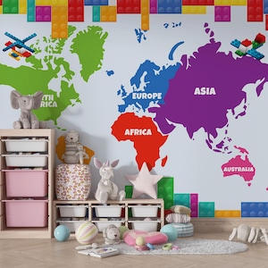 Papier peint coloré de salle de jeux d'enfant, papier peint de carte du monde de chambre d'enfant, carte du monde de blocs Design avion bateau hélicoptère papier peint de salle de jeux d'enfants