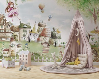 Papel pintado mágico de bosque encantado para habitación infantil - Mural de aldea de hadas para guardería, murales de pared de bosque en acuarela para sala de juegos de bebés