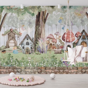 Magic Forest Design Kids Wallpaper, Fairy Forest Houses Baby Room Peel And Stick Wallpaper, Child Room Nursery Wall Mural, Tree Houses Decor
