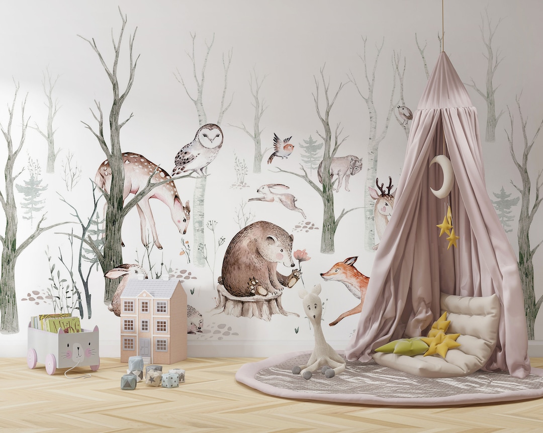 Woodland Forest Baby Animals Nursery Wallpaper With Deer Etsy