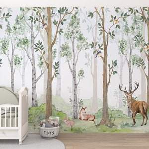Papel pintado de bosque de abedules en acuarela, mural de pared con animales del bosque para guardería infantil, papel pintado infantil personalizable y autoadhesivo.