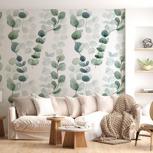 Grüne Eukalyptusschale für Badezimmer Tapete, Blätter und Zweige Wohnzimmer Wandbild, Aquarell Botanisches Blatt Selbstklebendes Papier