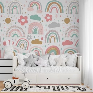 Rainbow Kids Wallpaper Peel and Stick | Child Room Self Adhesive | Nursery Wall Mural | Watercolor Effect Wallpaper | Customizable Mural