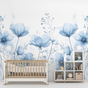 Blue Peony Spring Flowers Peel and Stick Wallpaper, Watercolor Soft Floral Wallpaper, Blue Color Wall Mural Self Adhesive Paper