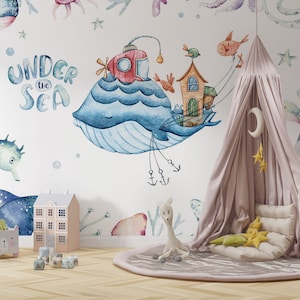 Wallpaper for Kids, Sea Nursery Wall Mural, Sea Animals Child Room Murals, Ocean World Baby Kids Room Sea Life Wall Decor Decal