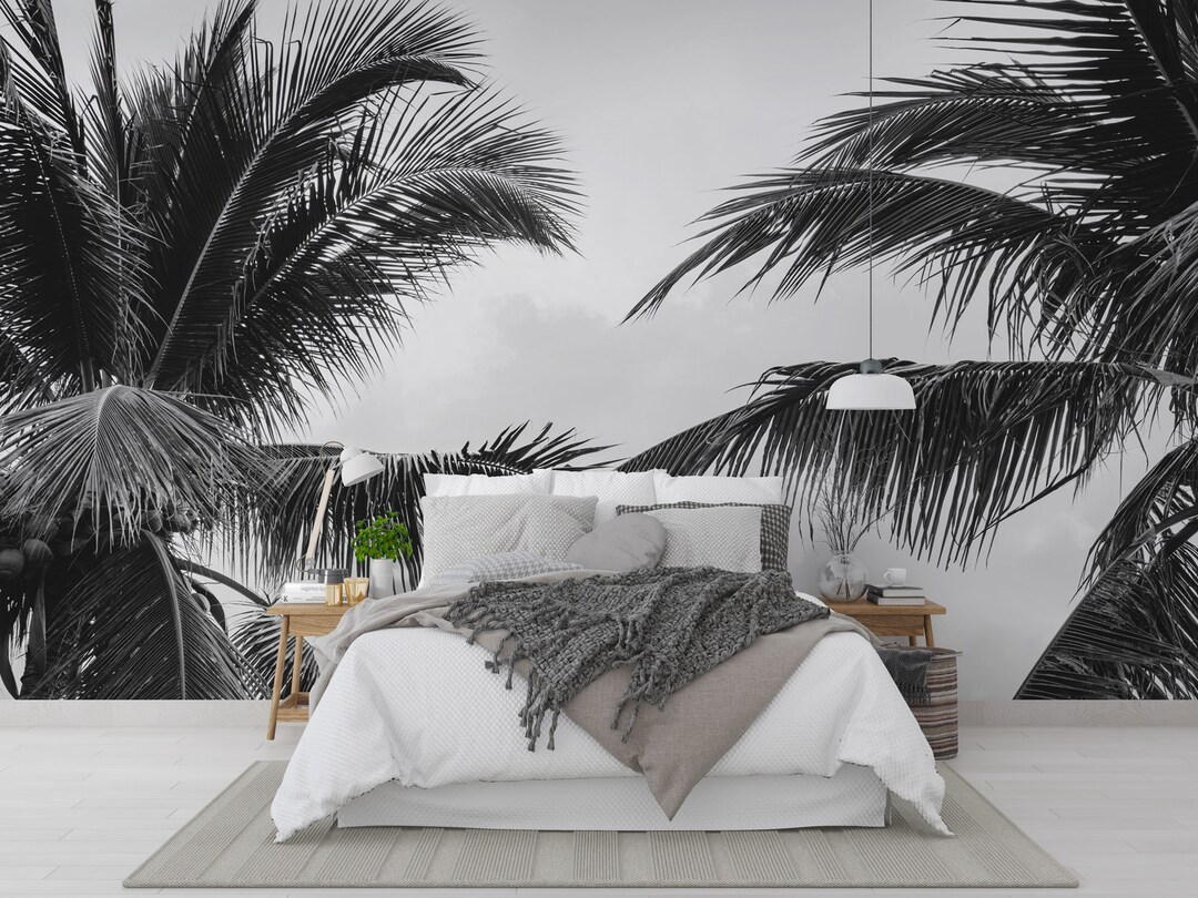 Black and White Tropical Palm Leaf Wallpaper – Modern Minimalist Wall ...